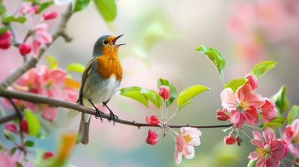  A robin perched gracefully on a sturdy branch of a leafy tree. The bird's vibrant red breast stands out against the lush green foliage in the background