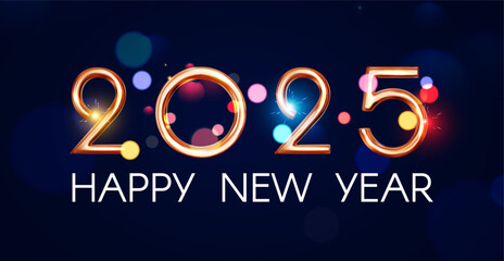 Happy New 2025 Year poster template with bokeh light effects. New Year gold number. Calendar design.