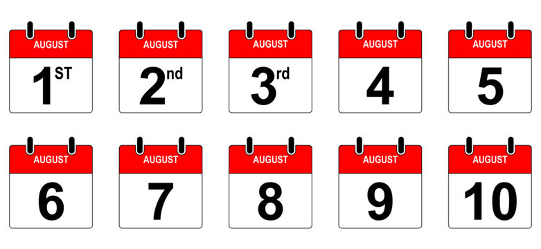 Pack of 1-10 Days Of August Month Calender, Vector Illustration.