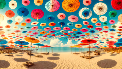 Obraz premium Colorful Umbrellas Covering the Beach Sky