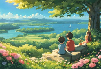 illustration of 2 school children in cartoon and anime style