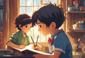 illustration of 2 school children in cartoon and anime style