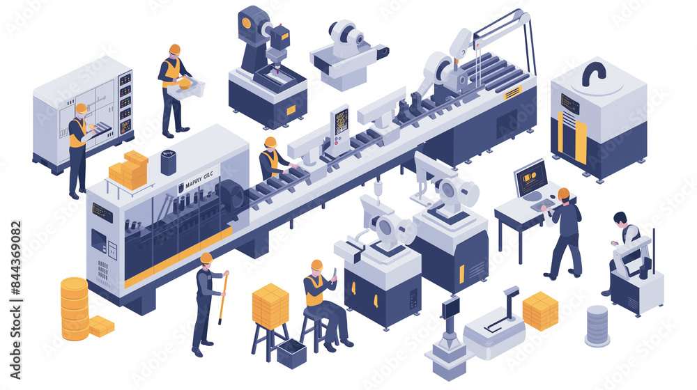 Poster isometric smart industrial factory, concept of automatic robot assembly in factory automatic system 