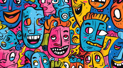 Expressive Hand-Drawn Faces in Colorful Doodle Pattern