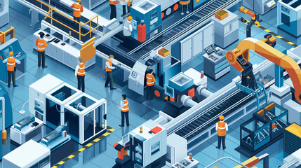 Isometric smart industrial factory, concept of automatic robot assembly in factory automatic system and factory engineer workers Illustration of production technology