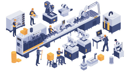 Isometric smart industrial factory, concept of automatic robot assembly in factory automatic system and factory engineer workers Illustration of production technology