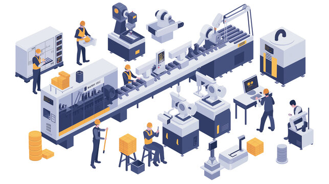 Isometric smart industrial factory, concept of automatic robot assembly in factory automatic system and factory engineer workers Illustration of production technology