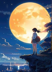 illustration of a lone person at night by moonlight in anime and cartoon style.