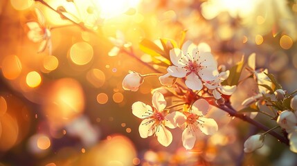 Fototapeta premium spring flower background Beautiful nature scene with blooming trees and sunlight. Sunny day. spring flowers beautiful orchard Abstract blur background
