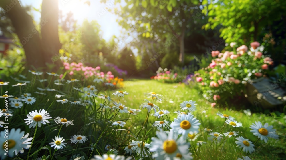 Wall mural Photo of a beautiful garden in summer or spring with daisies.