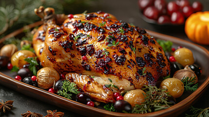 Baked turkey chicken on christmas table
