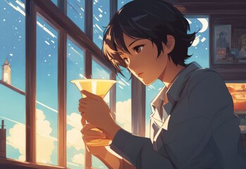 illustration of a lone person at night by moonlight in anime and cartoon style.