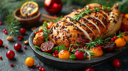 Baked turkey chicken on christmas table