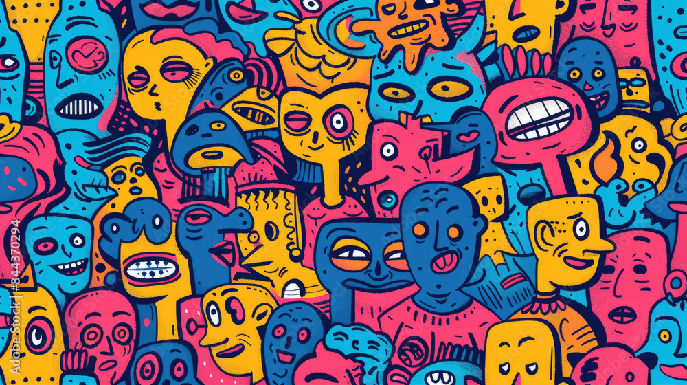 Wall mural expressive hand-drawn faces in colorful doodle pattern