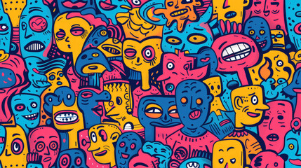 Expressive Hand-Drawn Faces in Colorful Doodle Pattern
