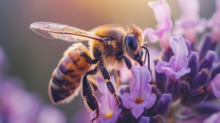 Detailed macro shot of a honeybee gathering nectar from a blooming flower. The close-up perspective highlights the intricate patterns on the bee's body and wings, as well as the fine hairs covering