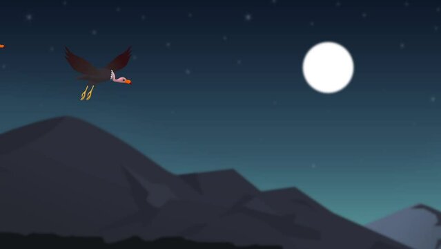 Flying vulture bird hunting at night sky background 2d animation