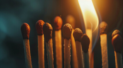 A bunch of matches with a lit match on top