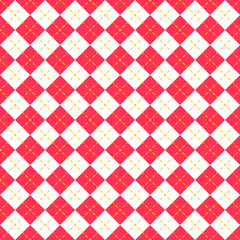 Argyle red and white diamond backgrounds. Checkered lozenge seamless pattern. Diagonal plaid textures. Set rhombus prints. Modern geometric backdrop. Vector illustration.