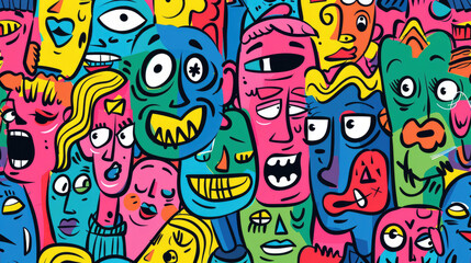 Obraz premium Colorful Happy Face Doodle Expressions Playful Hand-drawn Pattern