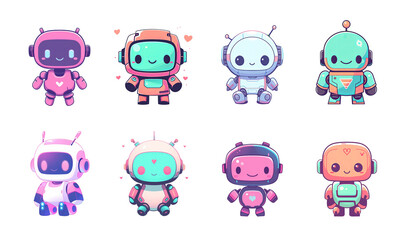 Set of cute flat robots. Colourful illustrations of chatbots, virtual assistants, AI robots on transparent background. High resolution PNG collection.