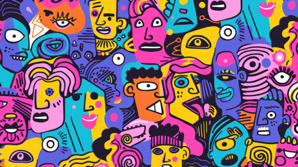 Obraz premium Colorful Happy Face Doodle Expressions Playful Hand-drawn Pattern