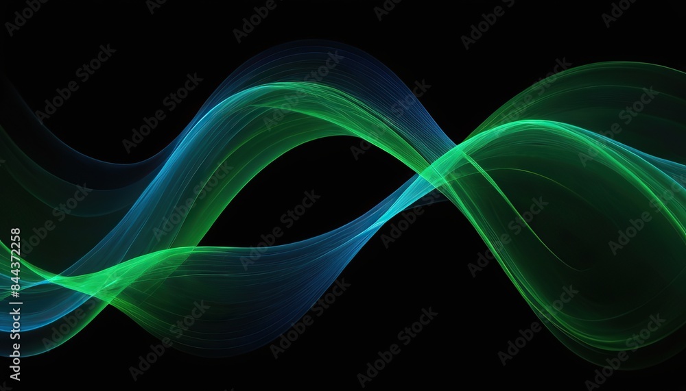 Poster abstract background with blue and green waves on a black background. color light green abstract wave