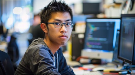 Fototapeta premium Photo of a young Asian programmer working in the office.