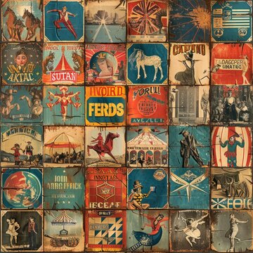 Produce a tileable background of vintage circus posters and carnival scenes, crafted to join seamlessly in all directions, a seamless pattern