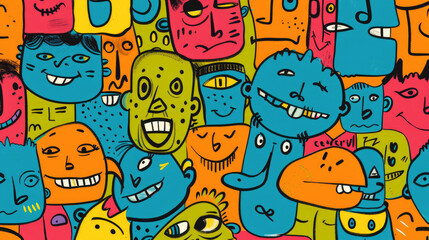 Colorful Happy Face Doodle Expressions Playful Hand-drawn Pattern