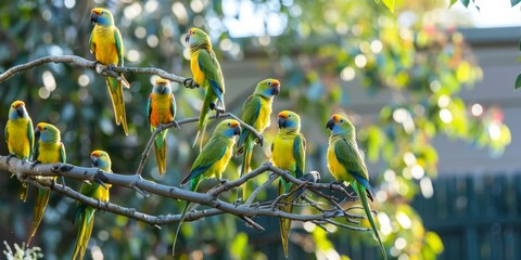 A Flock of Noisy Parrots Perched on a Tree in an Urban Residential Area