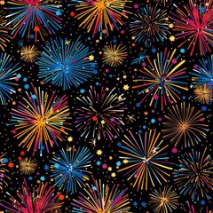 Create a seamless background of fireworks and confetti, designed to tile perfectly without visible seams, a seamless pattern
