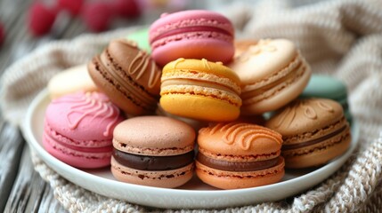 Obraz premium Macarons: A colorful assortment of macarons in various flavors arranged neatly on a white plate. 