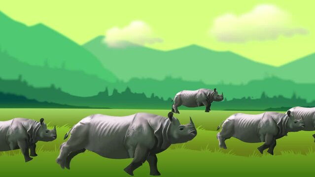 one horn Rhino running in forest 2d animation