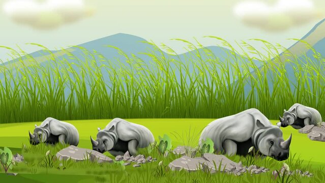one horned rhino eating grass at forest kaziranga national park 2d animation	

