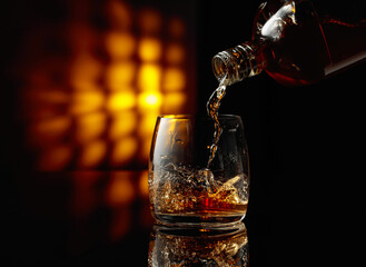 Pouring whiskey from a bottle into a glass.