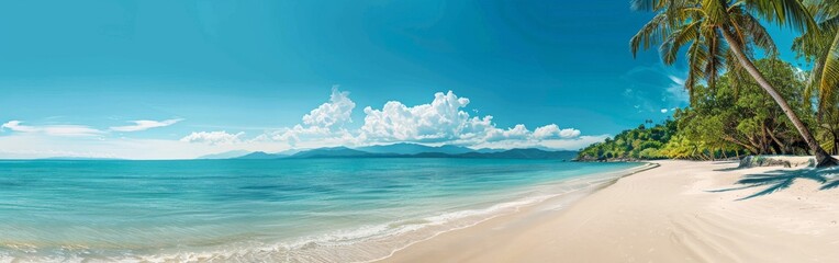 Obraz premium Tropical Beach Scene With Palm Trees and Blue Sky