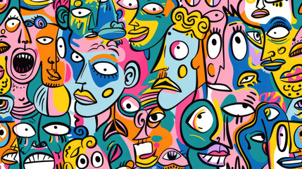 Colorful Happy Face Doodle Expressions Playful Hand-drawn Pattern