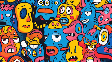 Colorful Happy Face Doodle Expressions Playful Hand-drawn Pattern