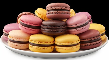 Macarons: A colorful assortment of macarons in various flavors arranged neatly on a white plate. 