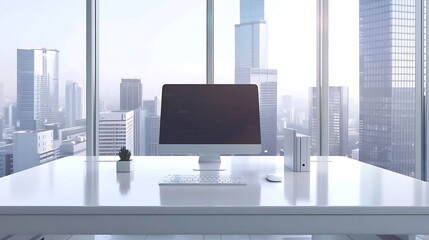 A minimalist office setting with a sleek white desk, a high-tech computer setup, and large windows showing a city skyline. The background color is soft gray.