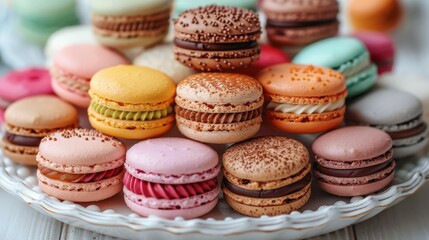 Fototapeta premium Macarons: A colorful assortment of macarons in various flavors arranged neatly on a white plate. 