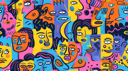 Colorful Happy Face Doodle Expressions Playful Hand-drawn Pattern