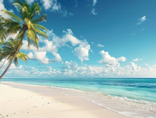Naklejka premium Tropical Beach Scene With Palm Trees and Blue Sky