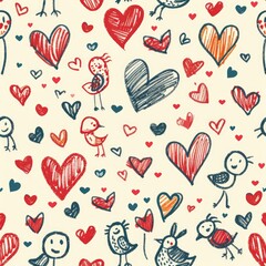 Create a seamless background of love-themed doodles and cute illustrations, designed to tile perfectly without visible seams, a seamless pattern