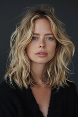 Naklejka premium Blonde Woman With Shoulder Length Wavy Hair Posing Against A Dark Grey Background