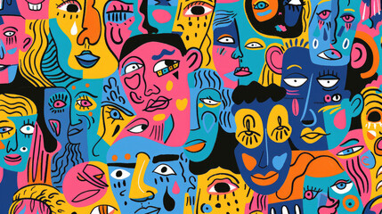 Obraz premium Colorful Happy Face Doodle Expressions Playful Hand-drawn Pattern