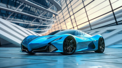 Obraz premium Shiny blue sports car on a futuristic urban background with geometric lines. Ideal for promoting luxury, technology, or award ceremonies.