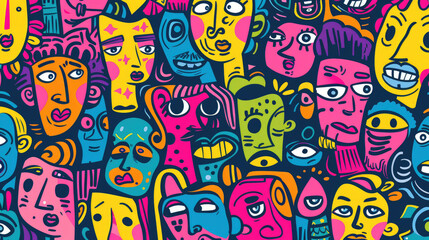 Colorful Happy Face Doodle Expressions Playful Hand-drawn Pattern