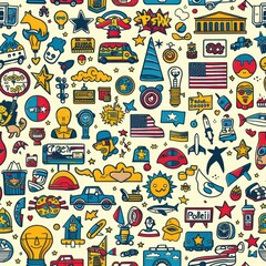 Produce a tileable background of American cultural icons and pop culture symbols, crafted to join seamlessly in all directions, a seamless pattern